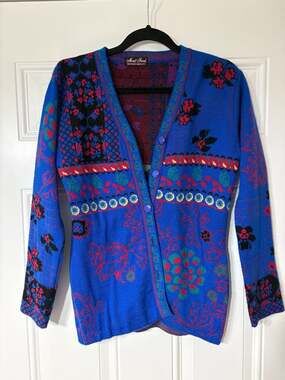Vintage Mont Ford Royal Blue Floral Patchwork Intarsia Knit V-Neck Cardigan